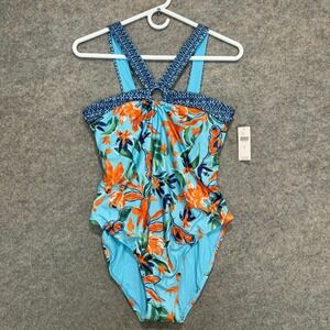 Anthropologie One Piece Swimsuit Womens Medium Floral Blue Orange Abstract Art